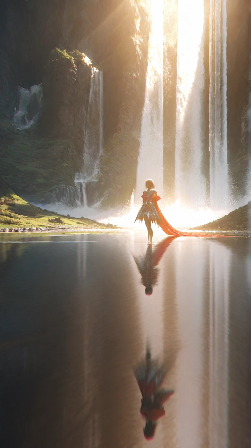 A chaotic and precipitous waterfall in a serene and beautiful landscape., ray tracing, detailed reflections,  intricate, high detail costume, Dramatic, best quality masterpiece, photorealistic, detailed, 8K, HDR-10, backlight, bloom,  Flashes, Chromatic aberration, sharp focus