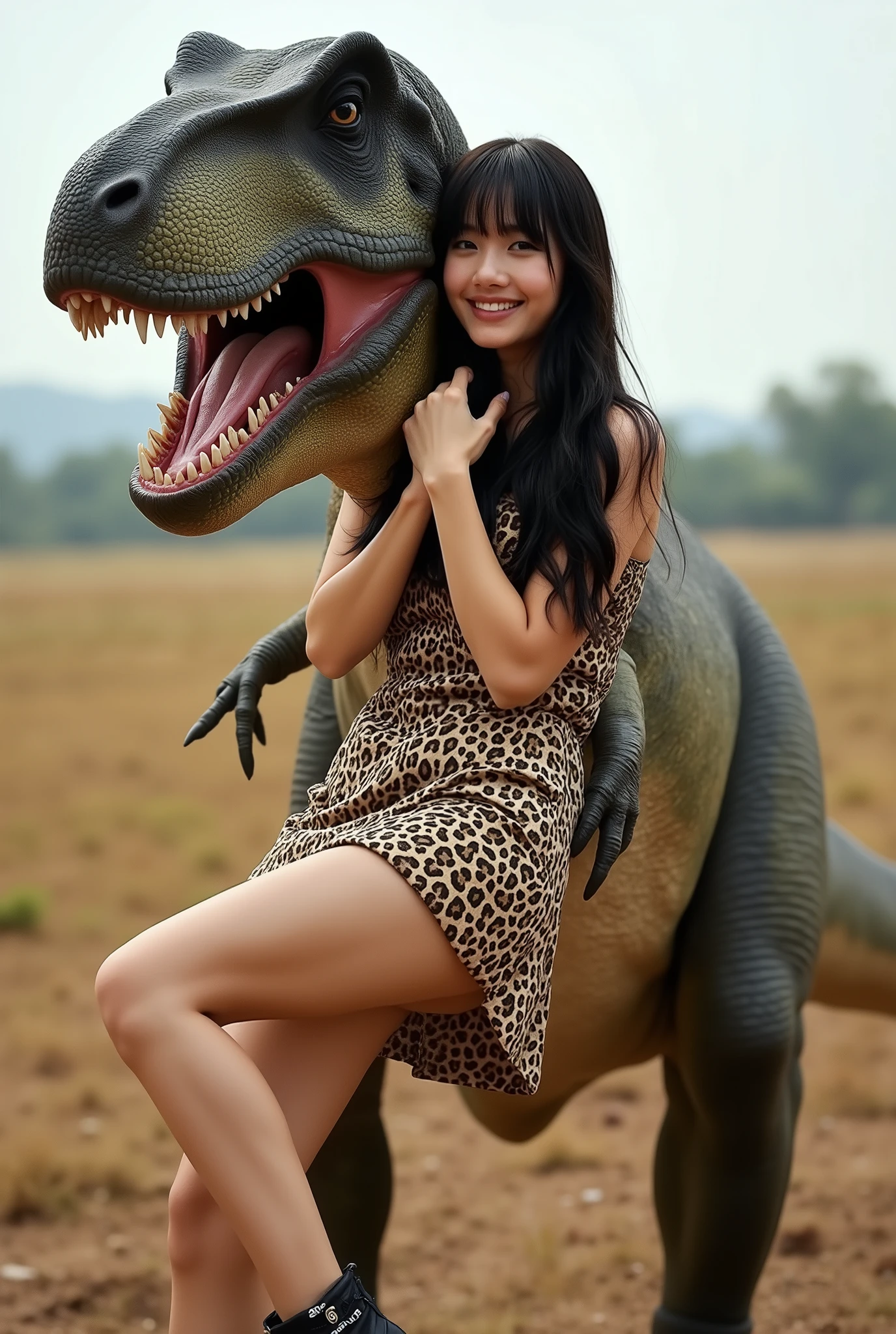 Create a realistic photograph of a beautiful Japanese female singer's portrait. She has a slender body, small bust, and thin legs, with long hair and bangs. She is wearing a prehistoric-style leopard print wedding mini dress and is being playfully held in a princess carry by a Tyrannosaurus Rex, smiling for the camera. The background features a Cretaceous plain during the daytime, captured from a dynamic angle.