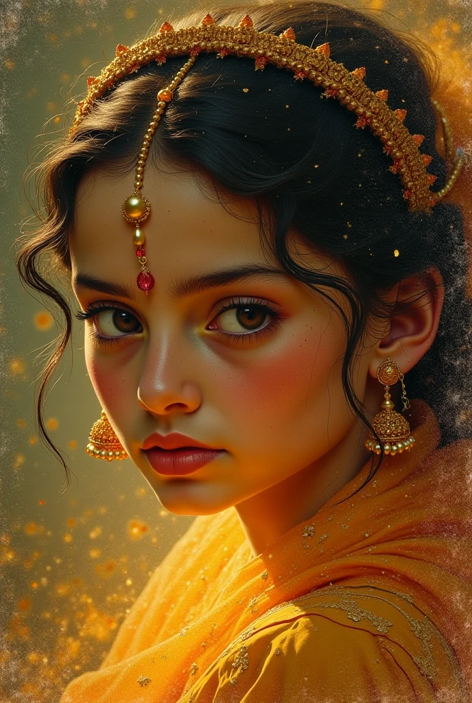 5. उसी किताब में एक चित्र था — राजकुमारी अनायरा का, ठीक वैसा ही जैसा वीर ने झील में देखा था।
Prompt:
A faded painting inside an old book showing a beautiful royal girl with fierce yet sad eyes, matching the lake girl’s face, mystical golden aura, 9:16, cinematic detail
