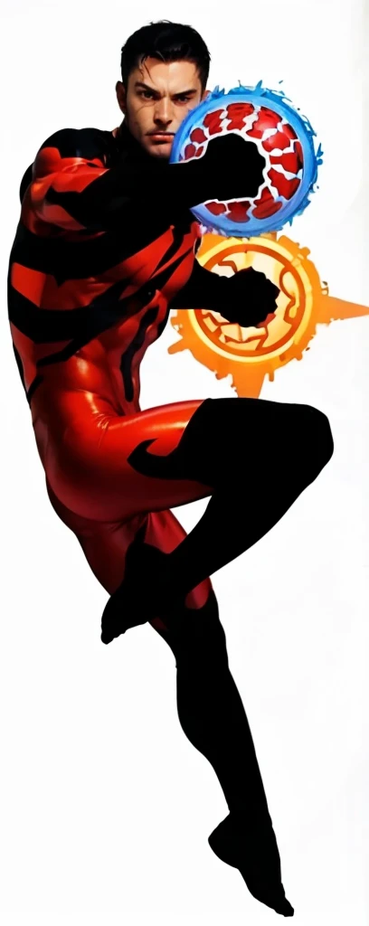 masterpiece, best quality, (extremely detailed CG unity 8k wallpaper), (best quality), (best illustration), (best shadow), muscular  man, he is wearing a shinny metal dark blue seal skin suit with shinny orange gloves, 'V' shape on chest is orange color, he is wearing a mask with large orange shinny metallic goggles, realistic lighting, (Abyss), beautiful detailed glow, strong hands closed into fists.
