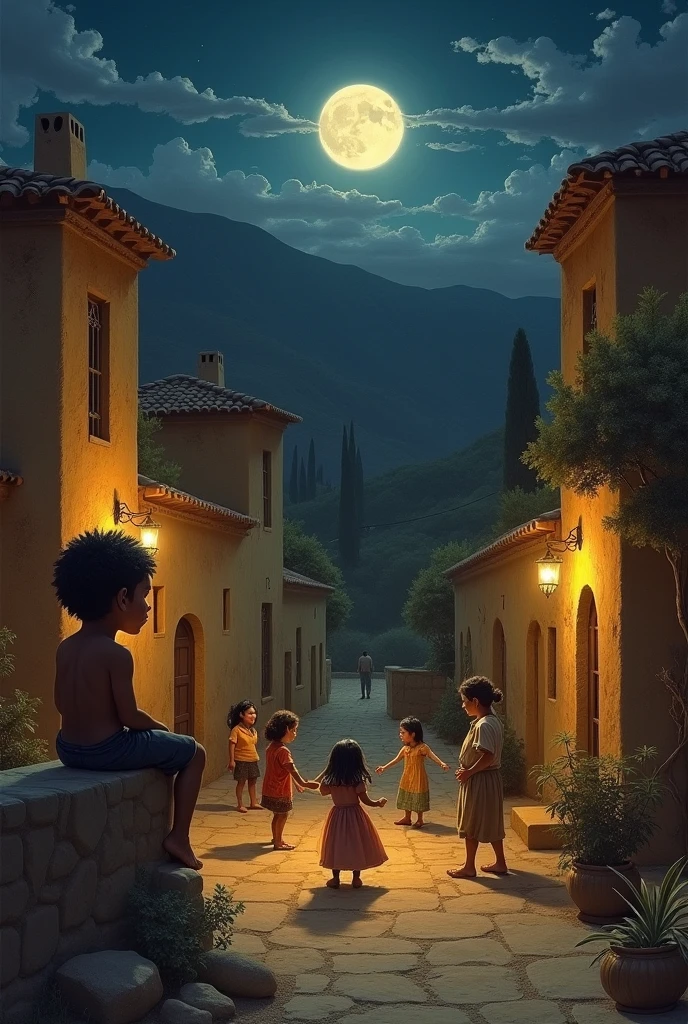 An indigenous boy with a sad face, sitting on an adobe wall in an Andean ravine illuminated by the moon, Watch with melancholy a young peasant girl who dances with other girls in a rustic courtyard; Behind her, the figure of a mixed race foreman who looks at her with desire. to one side, an indigenous youth embraces the  as a sign of comfort, While in the sky a full moon shines on the hills