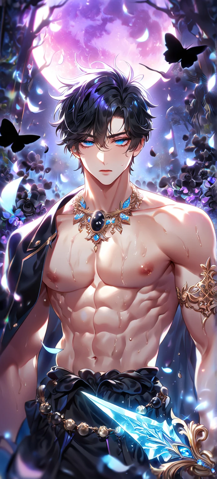absurdres, highres, ultra detailed, HDR, master piece, best quality, extremely detailed, Chrollo Lucilfer, black hair, expressive brown eyes, Hunter x Hunter, solo, sexy man, handsome, sensual, manly man sitting, horny, black coat with high fur collar, without shirt, blue earrings, cross tattoo on the forehead, black pants, fantasy, magical, blue moon, blue flowers, blue butterflies, blue petals, blossoms, water