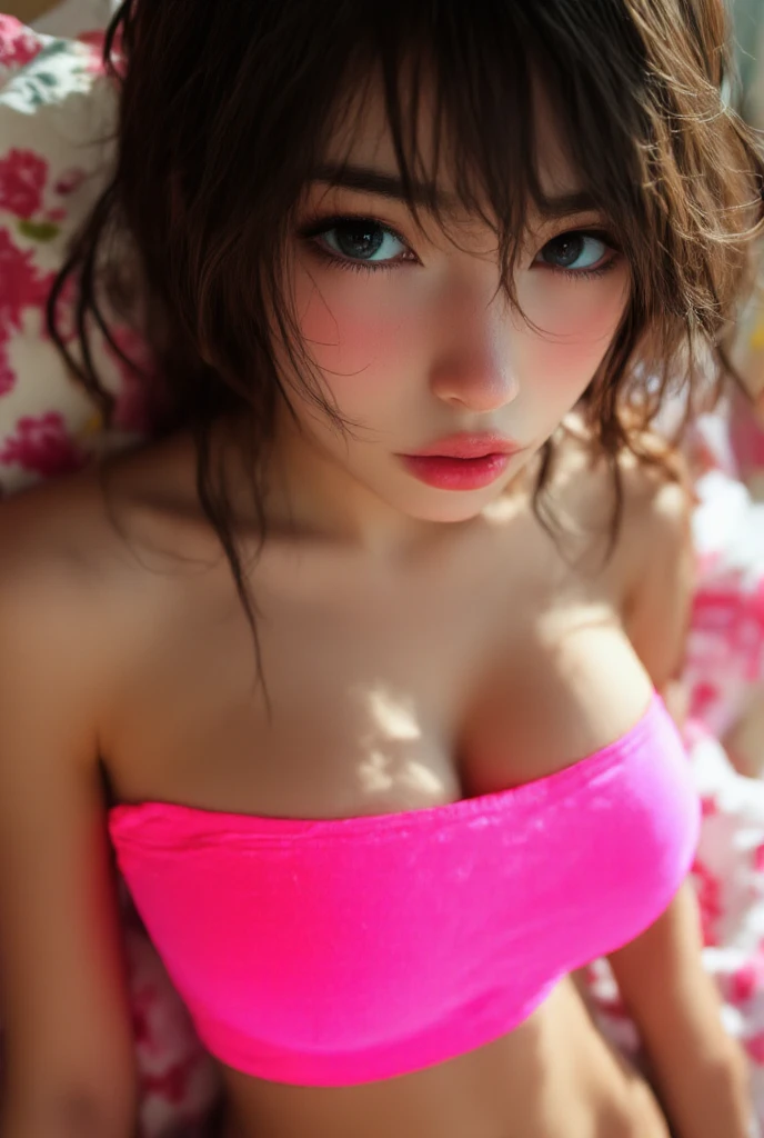 (best quality, 8k, photorealistic:1.5), (solo, one girl:1.5),(shine a bright light on women),(ultimate beautiful girl),(shiny skin),(oily skin),(pink hair:1.5),(short hairstyle:1.3),(cool beauty),Blush brown makeup , dark eye makeup , use pink glossy lipstick,(big beady eyes girl:1.5),(droopy eyes girl:1.5),(blue eyes:1.5),(thin girl:1.5),(baby face girl:1.5),(sex appeal),(sweet smelling girl),(she works for low wages),(kind-hearted woman),(she has a nice smile),(woman with a happy look),(she is very sociable),(from a very poor family),(virgin girl),(She is a secret pervert.),(she covertly lewd),(she looks so erotic),chuuChloe,(woman with very soft breasts),(woman fantasizing about sex),(allurement),(impressive eyes:1.5),(clean girl),(affability),(cute smile),(good personality),(serious personality),(wants sex),(want to masturbate),(want to have sex forcibly),(relaxing time),(hair ornaments),(compassion),(impurity),(love filled),(get horny),(No love experience),(private room),(teenager),(childish smile),(white teeth)