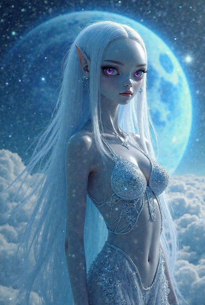 beautiful young alien woman, tall, thin, pale, wearing a transparent dress, full body, small breasts, nsfw