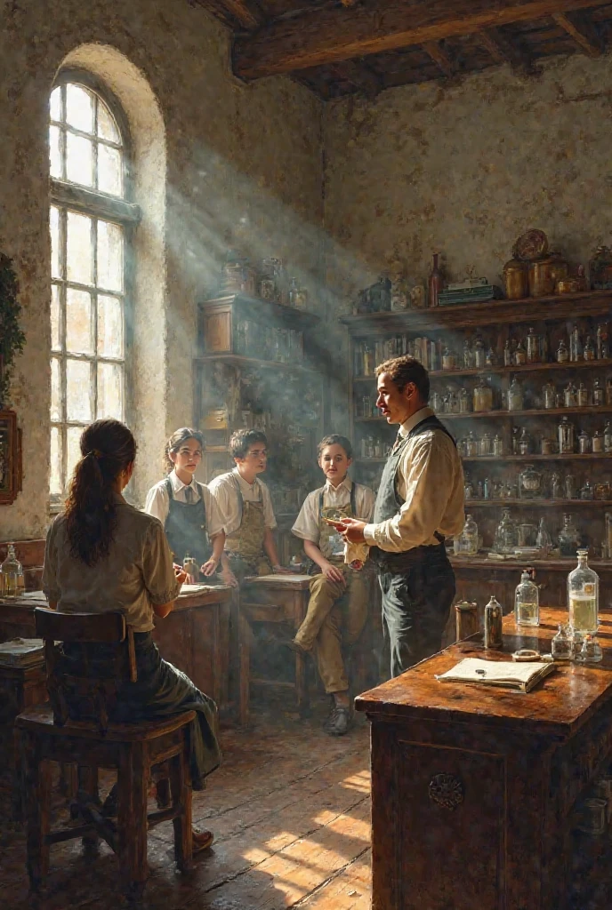 Images ago about Vignette 3: 19th Century — First Pharmacy Studies
Scene: San Marcos University Classroom, are founded with students in class and chemistry bottles. text:

teacher: “Pharmacy is no longer just art, now it's also science.”

Narrator: " In the 19th century , the first Pharmacy schools. The modern pharmaceutical profession is born in Peru."