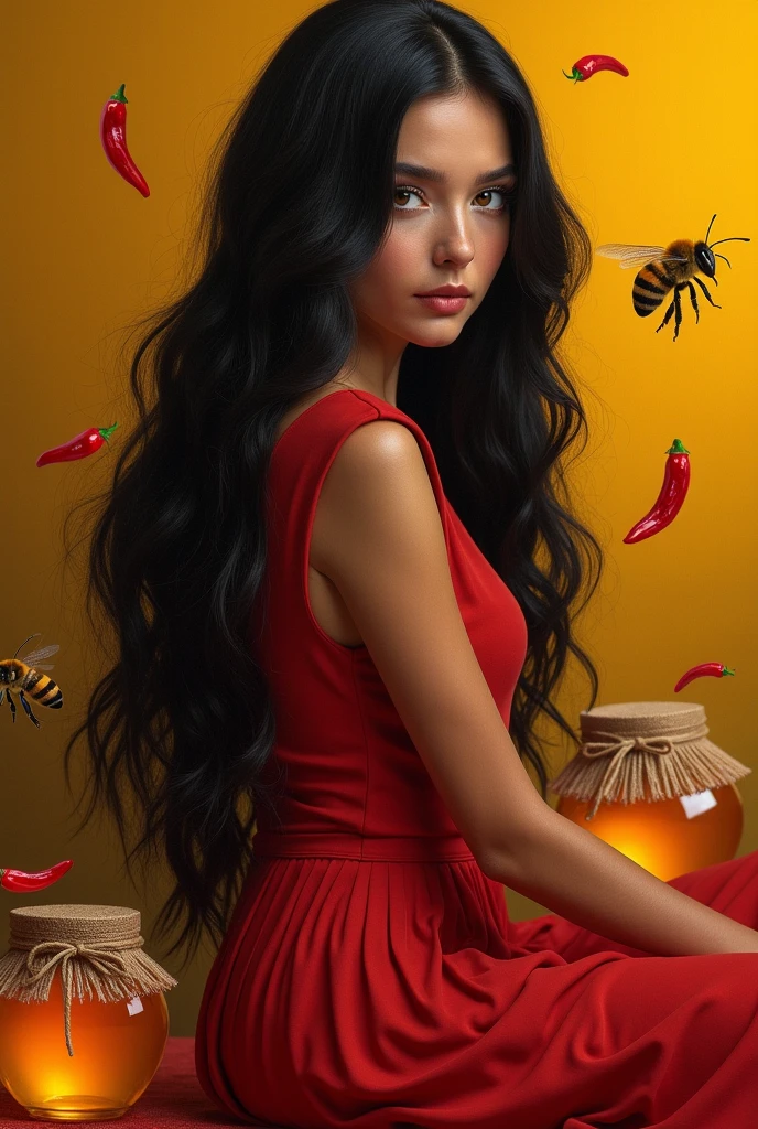 Generate for me an image of a woman with matte skin,  straight black and long hair , Honey-colored eyes with a red dress, Honey jars placed everywhere and bees flying around, Also add some red pepper. 