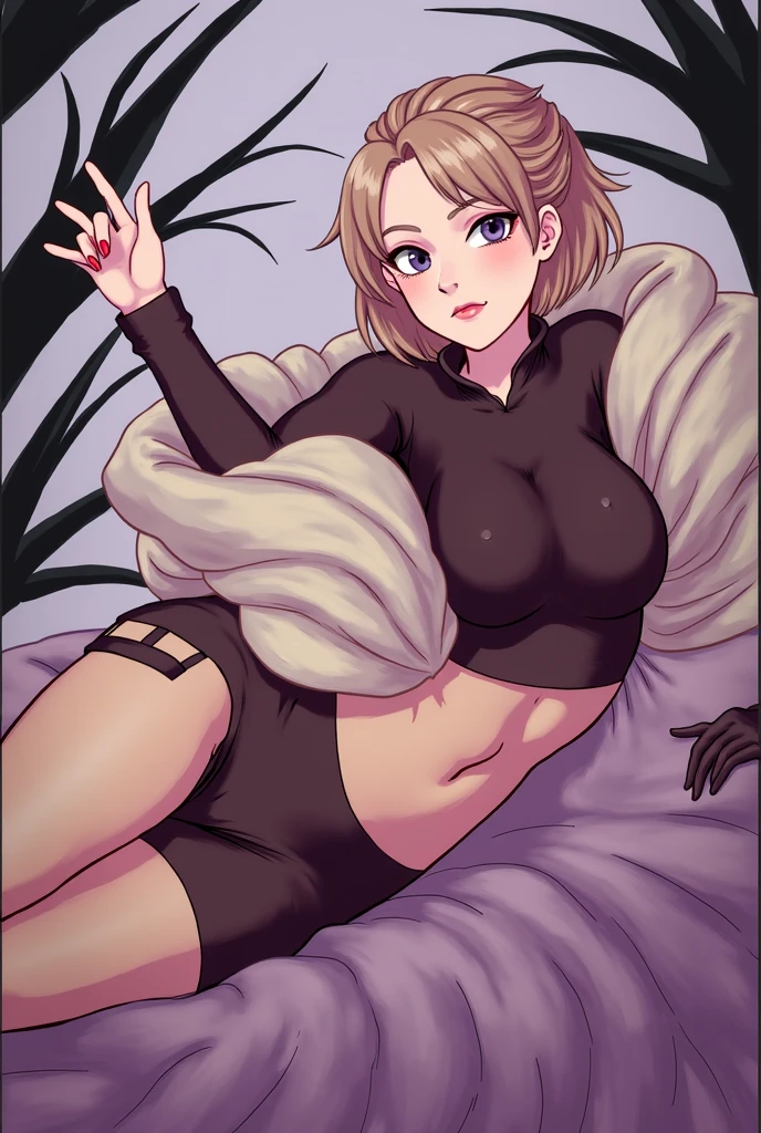 unparalleled masterpiece, 8k uhd, perfect artwork, mature woman, riza, blonde hair, brown eyes, hair up, photo, anime, ((panties)), tight black tshirt, crop top, turtle neck, short sleeves, no pants, black thigh highs, in bed, blush