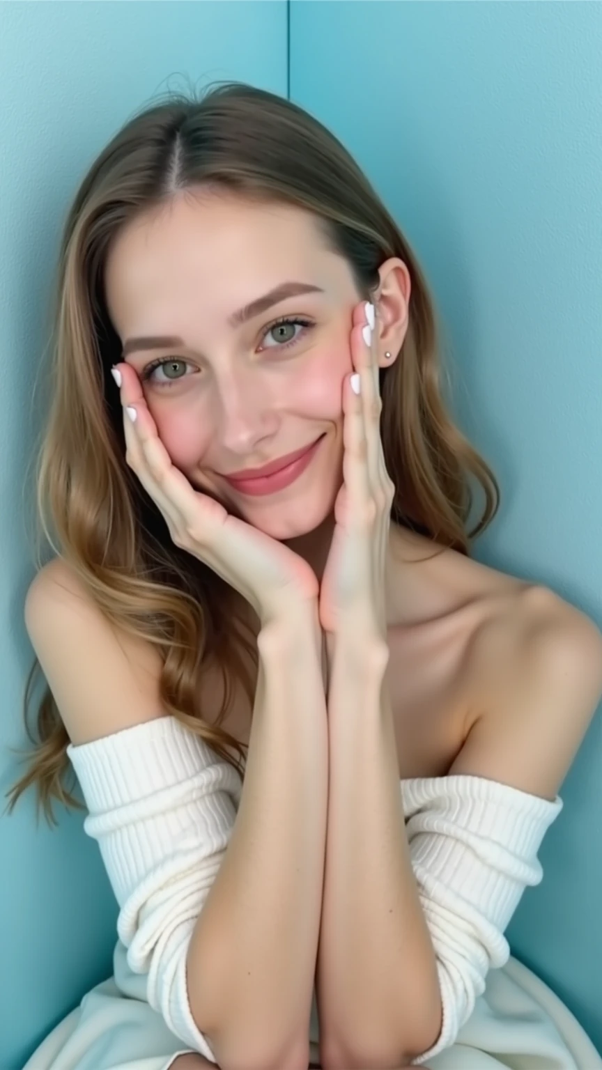 Woman sitting in an air filled room, clear and clean face, Peaceful Expression, Long Wavy Hair, soft skin, Washing your face while dipping your hands in water, Natural pose for sitting without getting into the water, Beautiful Scenery, Clear Sky, blue lake, Blue and vibrant scenery, Environment with soft light,  old-fashioned vibe , realistic and detailed descriptions, 고화, Photorealistic reality, Exquisite Details, vibrant colors, dreamy and peaceful atmosphere