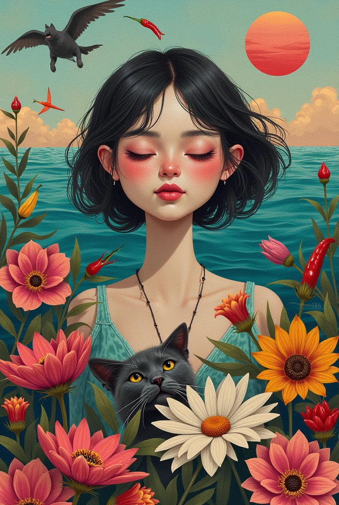 나를 구상하는  keyword 들을 뽑아서 콜라주 기법을 사용한 예술적인 자화상을 그려줘.

 keyword :movie,  cat, The play , Modern and Contemporary Art, Egg roll, Spicy food, pillow, flower, ocean,  fish , fruit