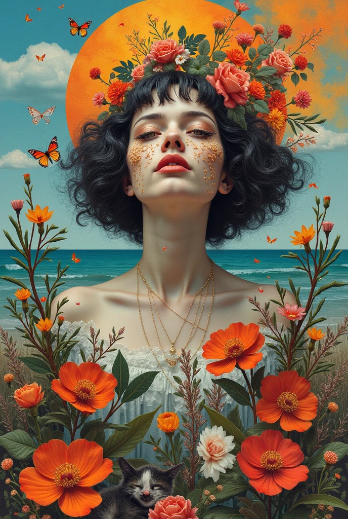 나를 구상하는  keyword 들을 뽑아서 콜라주 기법을 사용한 예술적인 자화상을 그려줘.

 keyword :movie,  cat, The play , Modern and Contemporary Art, Egg roll, Spicy food, pillow, flower, ocean,  fish , fruit