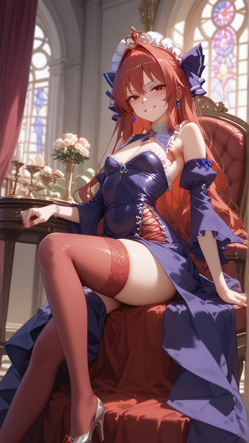 score_9, score_8_up, score_7_up, score_6_up, score_5_up, score_4_up, source_anime, 1 woman, sitting, red hair, braids, w-w chain, handcuffs, open arms, open legs, long hair, dress, underwear, pantyhose, hot night, Open legs, Legs tied,  panties, lingerie, best quality, best resolution, 4K UHD,
 