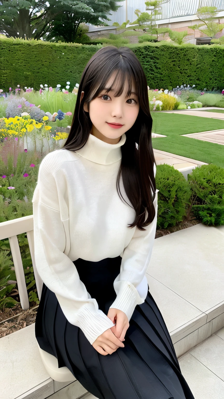 Japanese girl sitting on a chair in the garden and having her picture taken, white knit, minimal exposure, all black knit, turtleneck, skirt, 20 years old, long hair, bangs