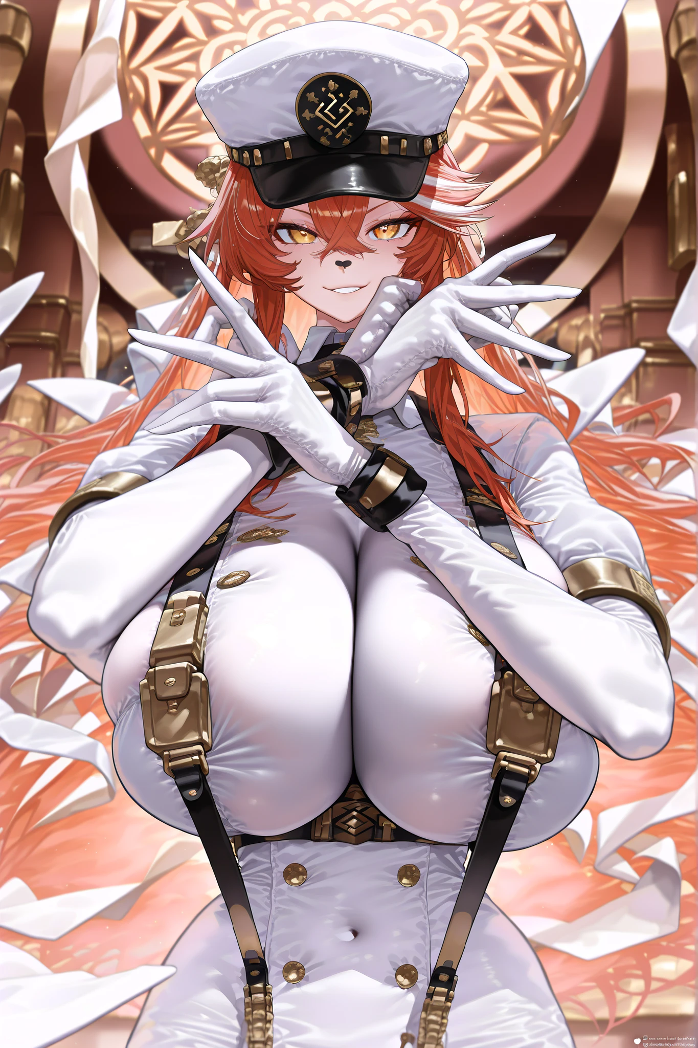 score_9, score_8_up, score_7_up,  (An Anthro furry wolf girl, golden blonde furry body, red hair, wolf snout, black nose, MaleniaDef, helmet, covered eyes, covered eyes, single mechanical arm, prosthesis), naked, nipples, sitting on a wooden chair, posing like she’s in a Greek painting, lounging on a chair, majestic, in a cave 