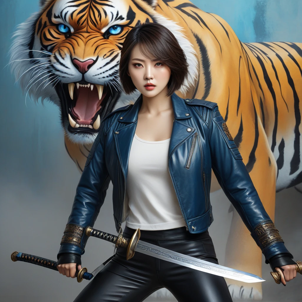 Make a very beautiful Korean short-haired straight haired female warrior, A very beautiful and eye-catching background, A very beautiful and eye-catching background , Fighting posture while holding a sword, A giant tiger standing behind her, Stylish leather warrior jacket, blue eyes, High resolution transfer painting, masterpiece, anatomically accurate, 