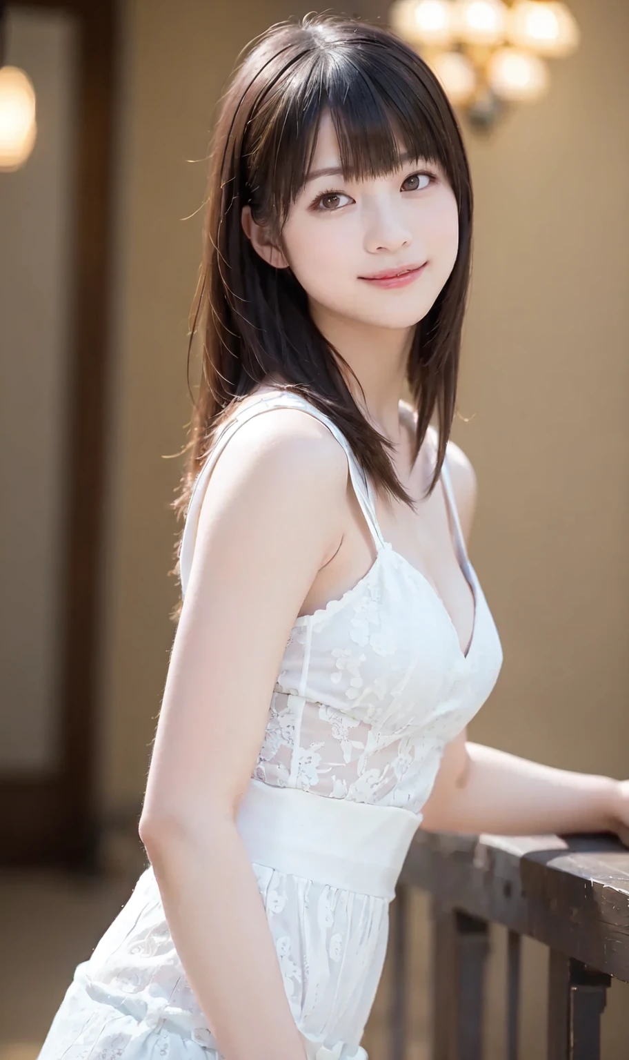 ((table top:1.4, highest quality)), (realistic pictures:1.4),
((1 girl)), (Pure actress), (dream-like),
(超High resolution:1.2), very delicate and beautiful, wonderful, Highly detailed CG Unity 8K wallpaper, Super detailed, High resolution,
soft light, beautiful detailed girl, highly detailed eyes and face, beautifully detailed nose, beautiful and detailed eyes,
(wear a light white dress:1.3), (A girl full of mysterious beauty),
cinematic lighting, perfect anatomy, slender body, (parted bangs),
(sitting:1.3), (night view), (moon), (The beauty of moonlight),
cowboy shot, looking at the viewer, smile