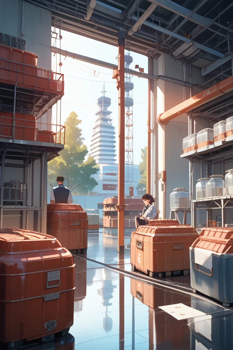 anime-style、background、no people、 factory、A container with a large reflection on the front side（A container with a large reflection on the front side of）、Large containers piled up behind