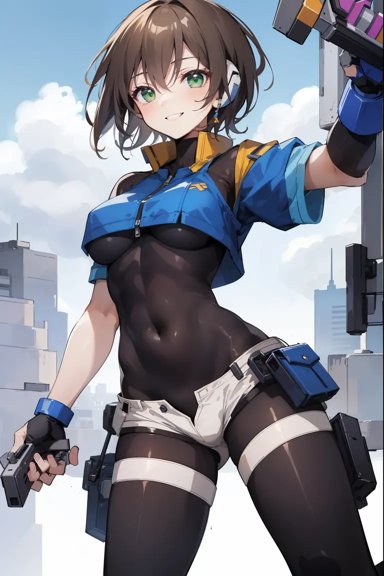 (Best Quality, High resolution:1.2, Ultra-detailed), Girl with black ponytail and brown eyes、She has thick eyebrows and a cheerful smile、She has a toned, muscular body、She wears a white bikini and blue gloves、She has a big bazooka gun、She is