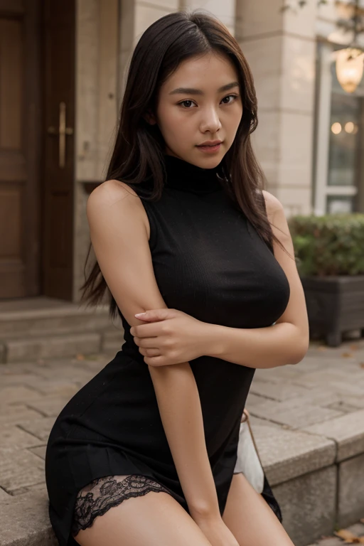 Beautiful hyper-realistic Asian girl with beautiful body with slim waist with big breasts dressed in tight clothes in an art museum