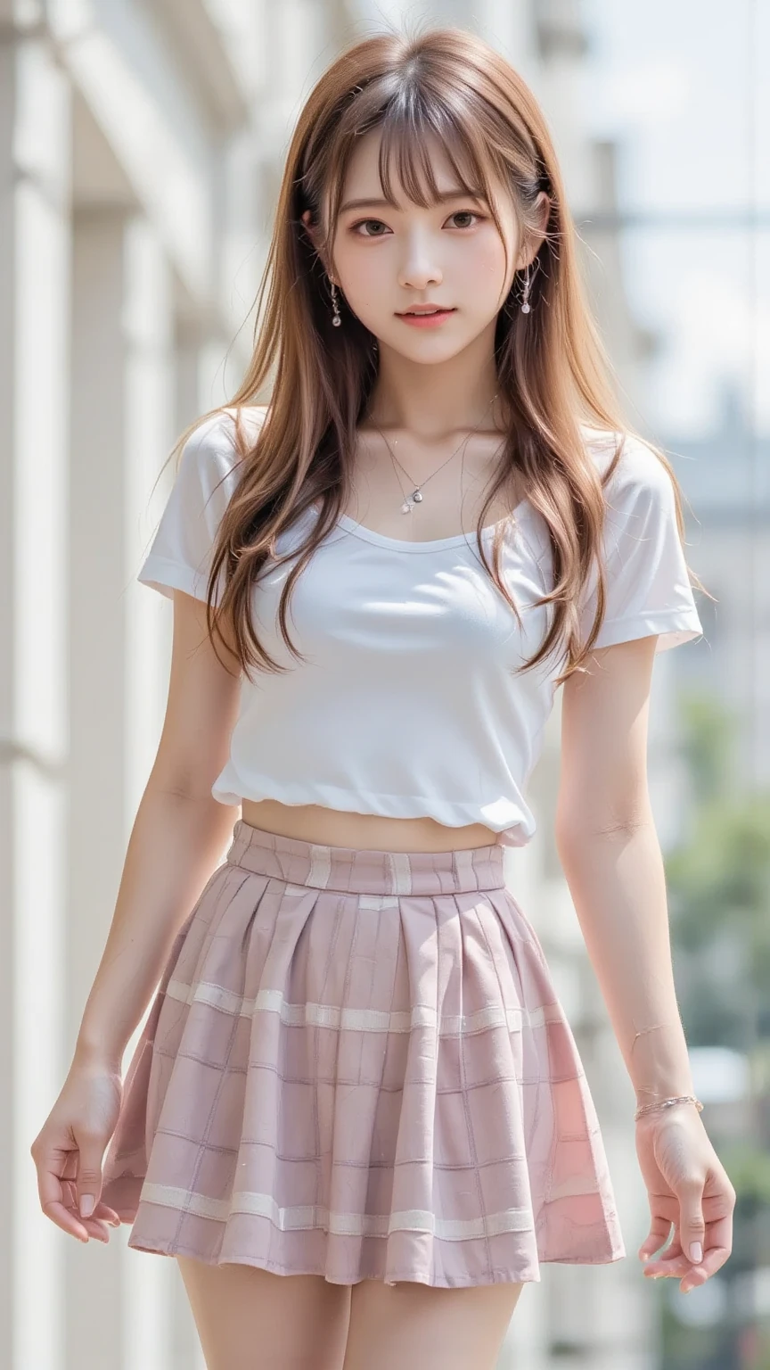 (masterpiece, best quality:1.1), (8k, raw photo, photo realistic:1.2, f22), (shiny skin), detailed skin,long hair,detailed face, detailed eyes,smile,BREAK, real world, intricate details, smil, BREAK, 1girl, full body,(pink,sweet,ta,short sleeves,skirt,race:1.4)BREAK, (Black Room)