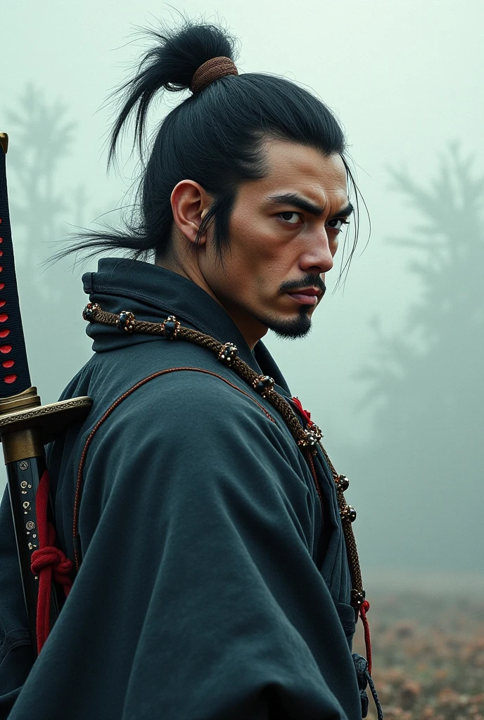 The face of a samurai warrior with a katana in the back 