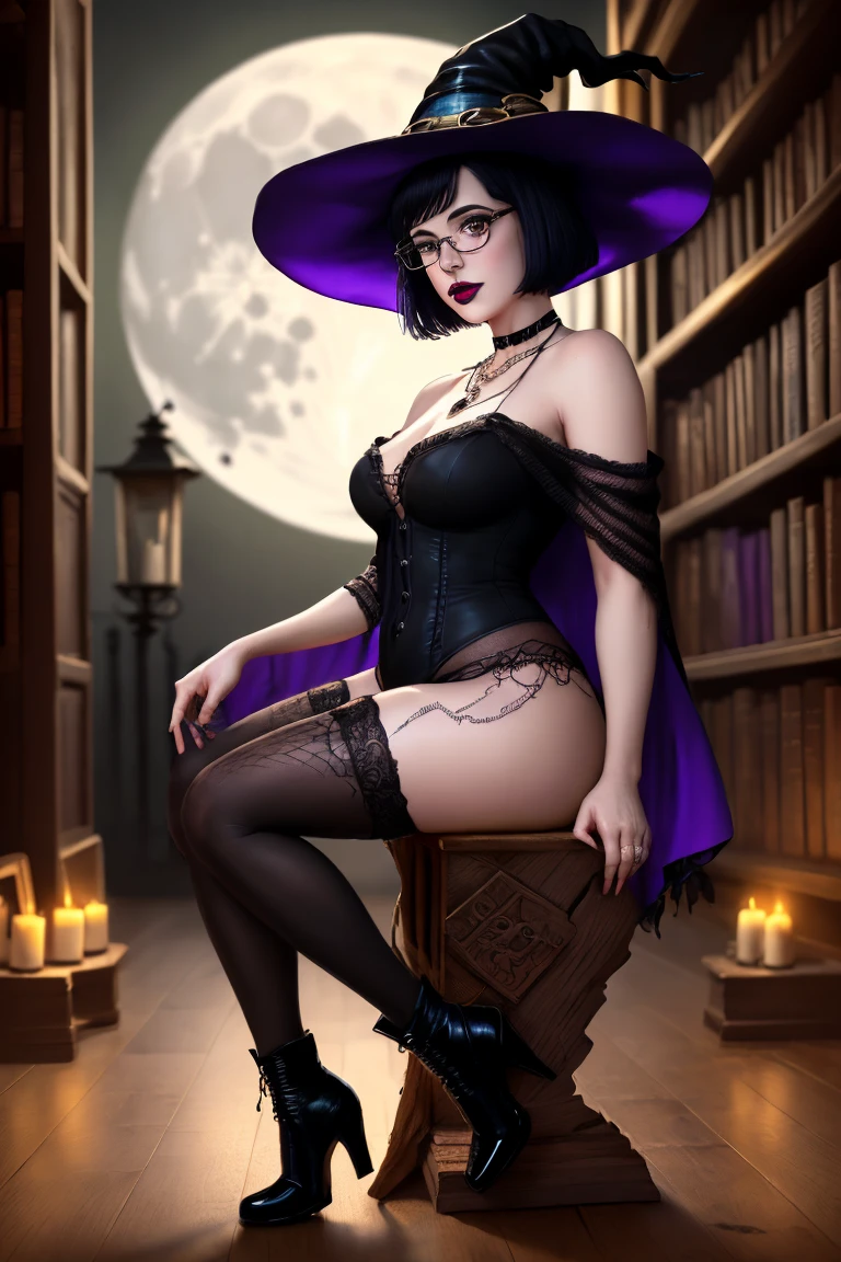 masterpiece, best quality, deCordelia, witch hat, covered eyes, strapless dress, pantyhose, elbow gloves, huge breasts, looking at viewer, smile, bookshelf,