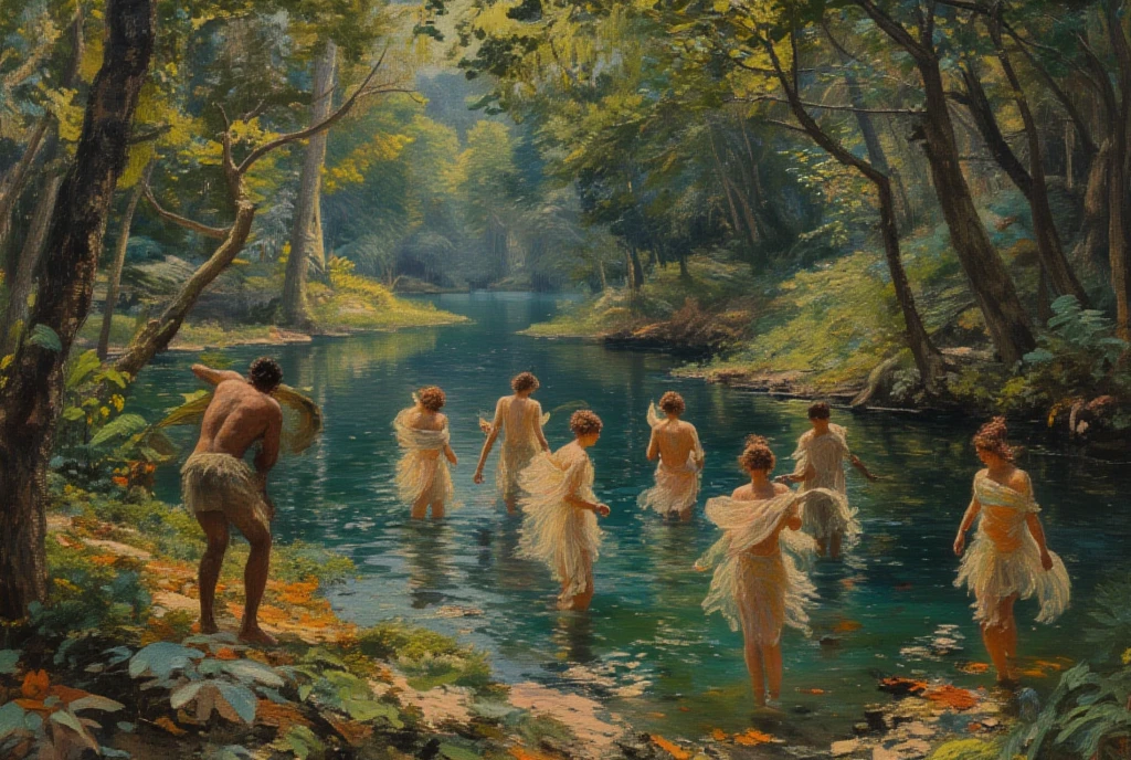 paint of five females lie on back of a white scan on the river, forest, a hand some man, full body standing, naked, wide, deer, bird, flower, cloud, female greek god, white hair, mature, hairy torso, fantasy, intricate, elegant, highly detailed, digital painting, artstation, concept art, smooth, sharp focus, illustration, art by gaston bussiere and alphonse mucha, almost naked