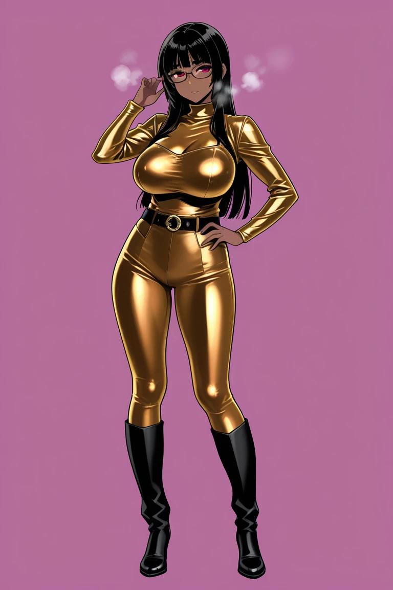 ((masterpiece)),(((best quality))),((character design sheet)), ((full body view)) ((black woman)), ((seductive eyes:1.4)), defined cheekbones, high cheekbones, illustration,  muscular, ((gold:1.4)), sexy bimbo, (gigantic breasts:1.7) (black hair), ((detailed face:1.4)) beautiful woman, ((curly hair:1.4)), colored skin, ((black skin:1.4)) , (red lipstick:1.4), shiny skin, scribbles and marks,(puffy lips:1.4) ,(yellow disco outfit:1.3), bell bottom pants,open shirt,  rough sketches, pose, 8k,16k, ( background, white background: 1.3), yellow arms, yellow legs, black torso, yellow and black color palette, ((beautiful face))