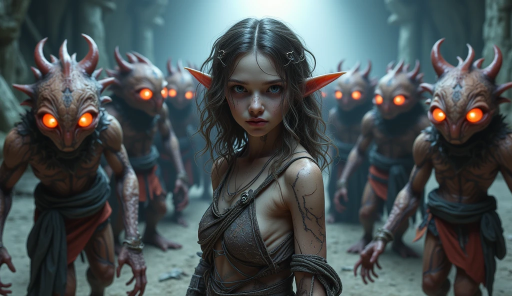 monsters league of legends,full body length shot, adventure at oldest abandoned nuclear silo,desertly little [witch:elf:0.8],intricate details,pretty,natural skin texture,curly hair, hyper realism,extremely detailed,elegant style,eyes extremely detailed, high detailed eyes,16k resolution,glows from the inside ,semi adult , eyes anatomically correct, realistic , fairy's village, horror movie, cinematic look, creepy aesthetic, ultra detailed,ink photorealistic, masterpiece, translucent transparent skin , scaly epidermis, uncanny compound eyes , dewy skin glistening with moisture, bulky forms looming in a sterile laboratory setting, silky-smooth eyes glaring with an unsettling gaze,cheyenne, High contrast, colored black and grungy iridiscent, stark, dramatic, graphic novel illustration, cross hatching, seminole war, traditional outfits, landfields,folk 