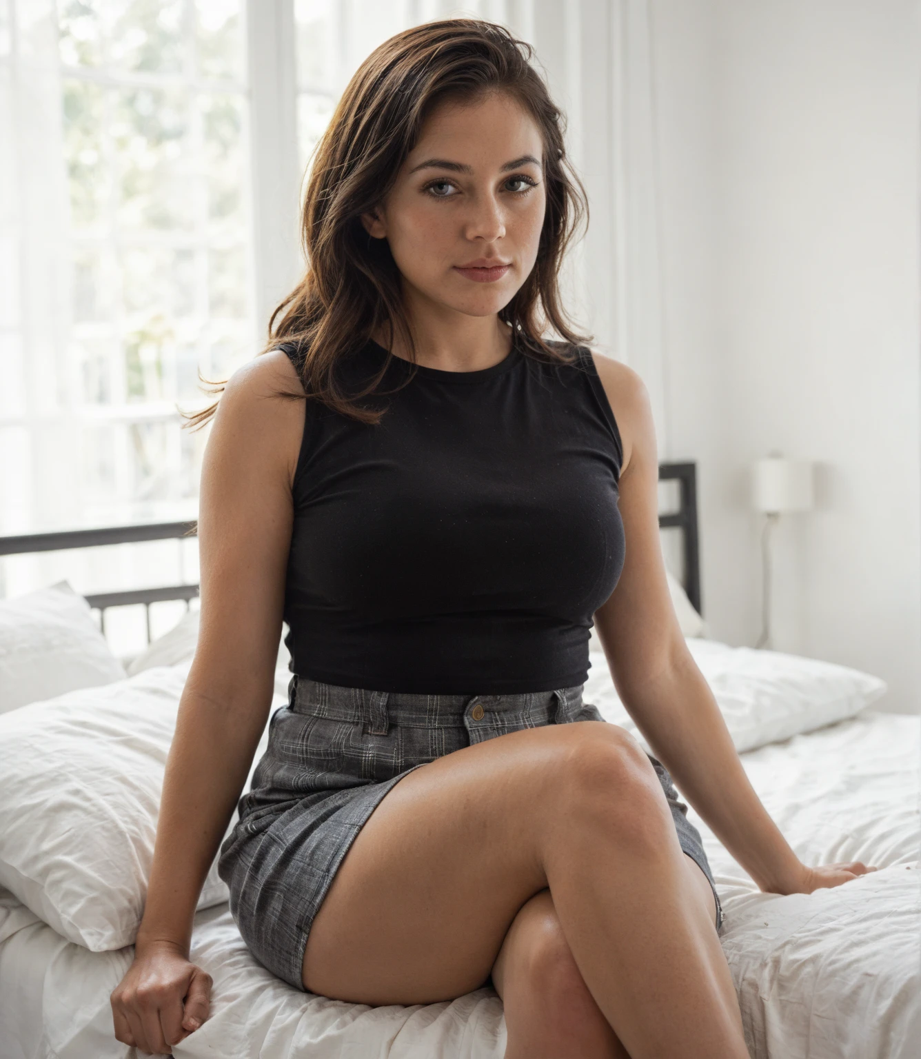 Old woman, 50 years old, wrc style, woman, black voluminous hair, lewd pose, seductive look look, white apron, in bedroom, lying on bed, night time, medieval setting, curvy, MOM, 45 years old, seductive pose, ((BBW)), sit on sofa, spread legs, top view, 