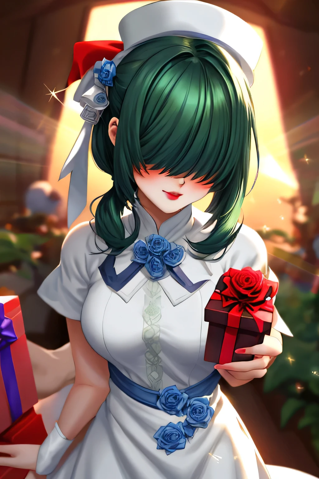 1 sexy anime manga girl, buxom, large breasts, long green hair with bangs covering her eyes, twin ponytails, anatomically_correct_fingers, she is wearing a (((white dress with blue rose pattern on it1.3))), mini rainbow top hat, face blush, makeup, red lips, ((giving a gift wrapped present)), best quality, very detailed, dynamic posing, sparkle, god rays, shining light, Pixar, walking through door, her hair is colored green, fantasy rpg game style