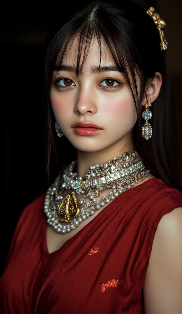 A playful, voluminous woman with a neutral skin tone under dark lighting is wearing a traditional costume, An elegant saree with a deep red mess, No blouse pieces,  벌거벗은 가슴에 정교한 장신구를 착용한 장난스럽고 곡선미가 있는 밝은 피부색의 female. 눈썹 사이에 얇고 긴 목걸이를 착용하고 있는 female은 금으로 만들어졌으며 검은색과 금색 구슬이 달린 긴 체인이 있습니다.. beads, The biggest bead is underneath and the smallest bead is on top. eye makeup spread to the center of the, There is a pendant with a spade queen design engraved on it, The pendant is attached to the chain with a gold clip. The overall style of jewelry is traditional, Her expression is an exaggerated mouth filled with shock, The woman is crying, and the overall style of the, necklace.  female, 침대와 female 위에 엎드려 누워 있는 female, A black African man wearing thick silver chains is arranged in a pattern of repeated , 화난 표정의 검은 아프리카 남자가 female을 바라보고 있습니다, Cinematic, Cinematic lighting , On the side UHD,, retina, masterpiece, accurate, 해부학적으로 accurate, textured skin, Details , high details, high quality,  award winning , top quality, high res, 1080P, HD