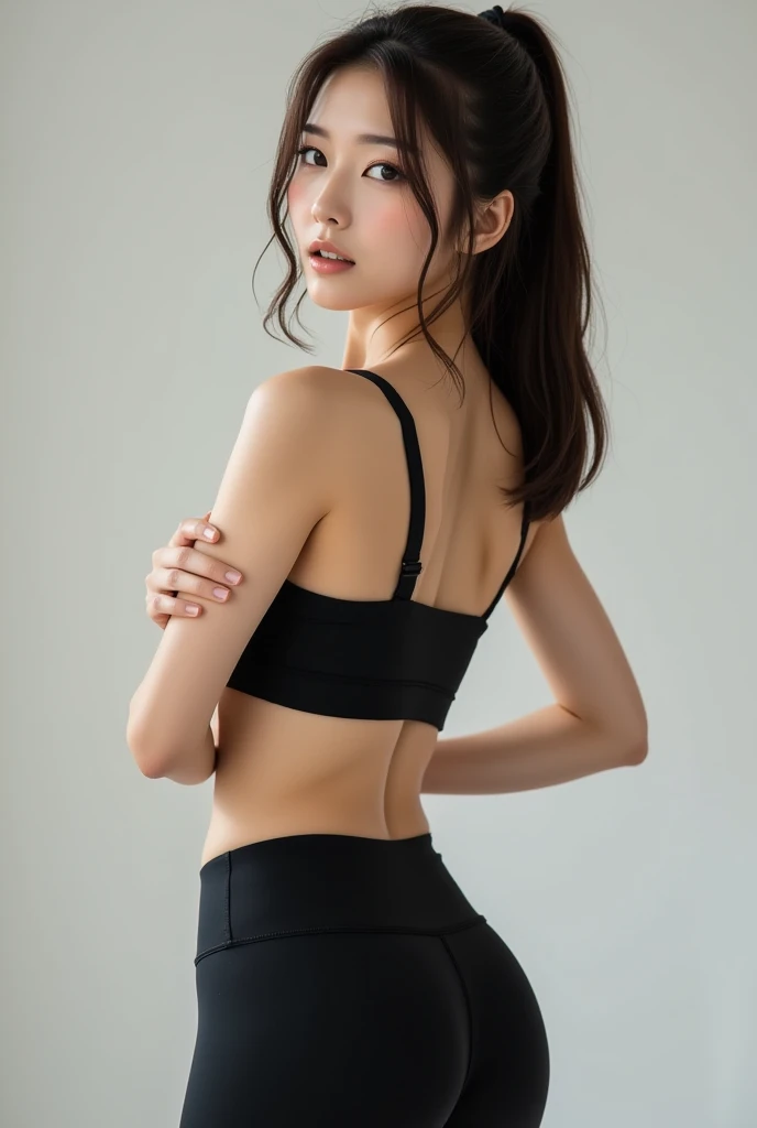short straight hair,thin,Height: 170cm,Beautiful woman,28 years old〜31 years old,detailed, FHD, woman, intelligent, in the gym, beautiful, real person, full body shot, from behind,slender