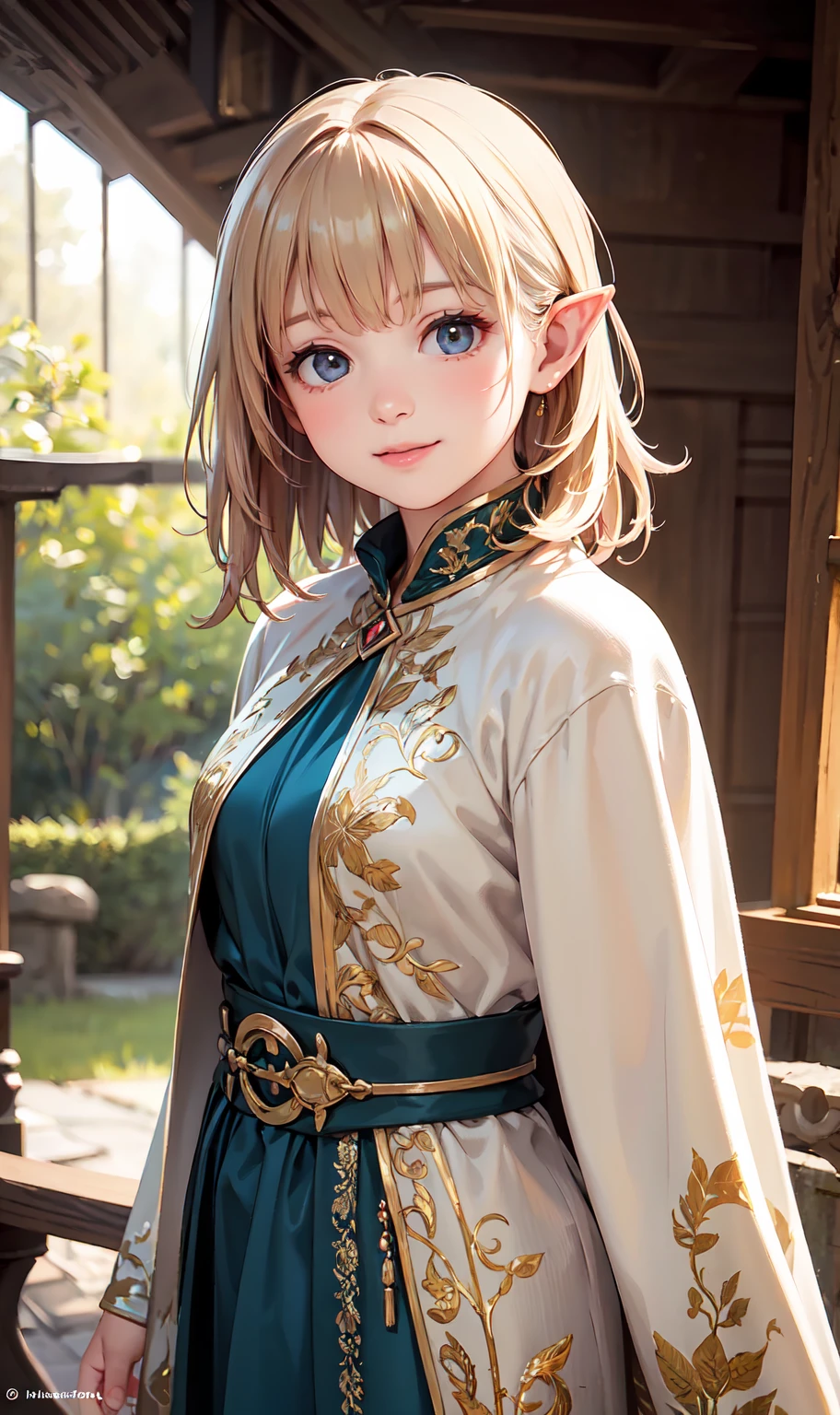 (8k, RAW photo, top quality, masterpiece:1.2), high-definition RAW color photo, professional photography, (realistic, photo realistic:1.37), (top quality:1.2),  cinematic lights in the morning , (Exquisite face:1.2), (masterpiece:1.5), 1 girl, solo, cowboy shot in the stone chamber,  medium hair, upper body, smile
BREAK
elven dress, leaf-patterned cloak
