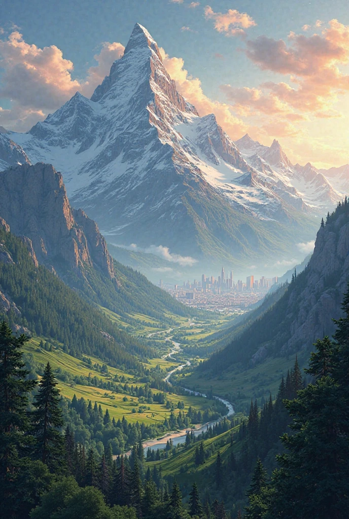 I want a beautiful landscape of a mountain and far away a city