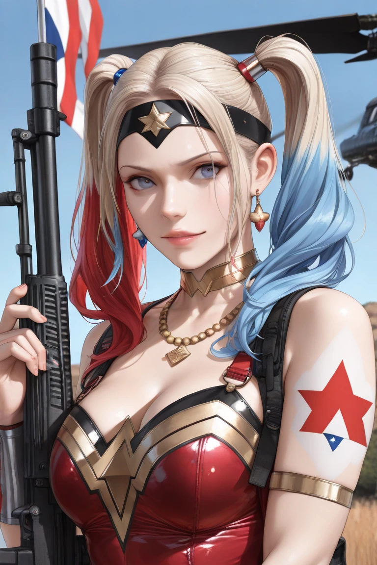 Lay down on top of a bed, viewed from above, is a Beautiful woman wearing a red white and blue leather (basque) like a union jack flag, stockings, beautiful blonde hair, cleavage, gorgeous young model, beautiful woman, beautiful young woman, a gorgeous, very pretty model, perfectly formed fingers.
