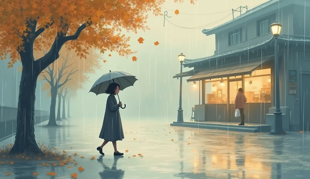 A soft and emotional illustration of a person walking alone under a grey cloudy sky, holding an umbrella in a light drizzle, surrounded by empty streets and fading autumn leaves, cinematic atmosphere, muted pastel tones (dusty blue, beige, soft brown), a nostalgic and quiet mood, a small coffee shop in the background with warm lights inside, the person looks back with a sad expression, evoking memories and longing, Korean drama style composition, delicate lighting, soft shadows, poetic and heartfelt vibe --ar 16:9 --v 5 --style cinematic --quality 2
