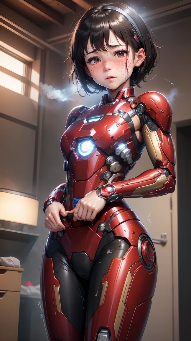 Highest quality　8k Iron Man suit girl　Kindergarten girl　Sweaty face　cute　short hair　boyish　Steam coming from the head　My hair is wet with sweat　Black hair feel　Full body portrait　Ecstatic expression　Kissing Face　smile　Drooling dripping from the mouth　look up　bare hands　Lying in bed　((Spread your legs wide)) I can see the vagina　Front view