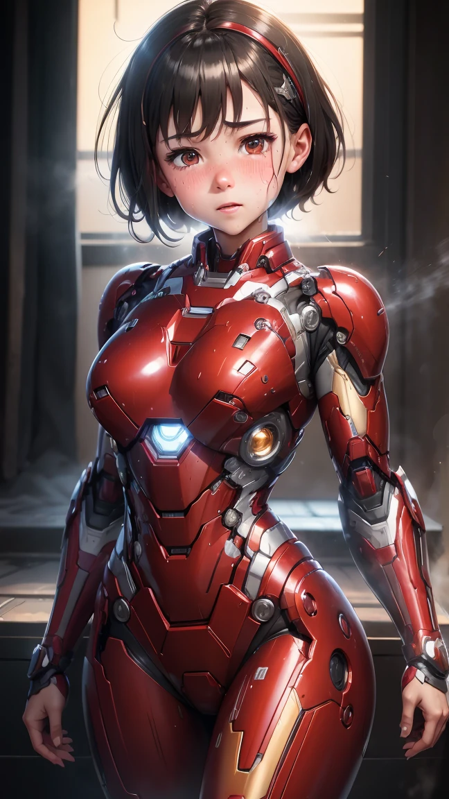 Highest quality　8k Iron Man Suit Girl　Elementary school girl　Sweaty face　cute　short hair　boyish　Steam coming from the head　My hair is wet with sweat　Black Hair