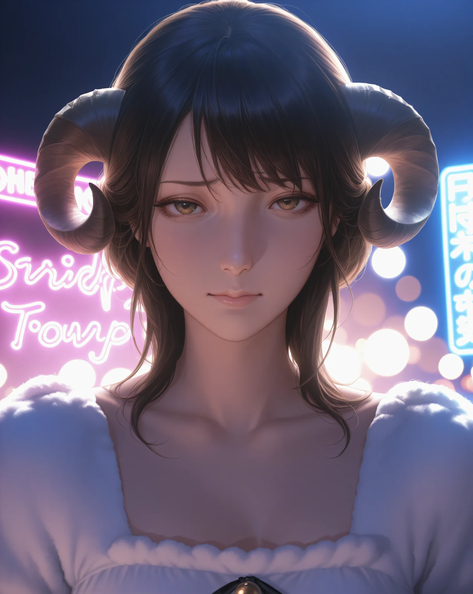 portrait, A cat puppy dressed in cute sheep clothes, low key lighting, Bad mood expression ,  night town where neon lights shine , 8K, High Quality, realistic, Masterpiece, Super Fine, HDR, STUDIO LIGHTING, Vivid Colors, bokeh