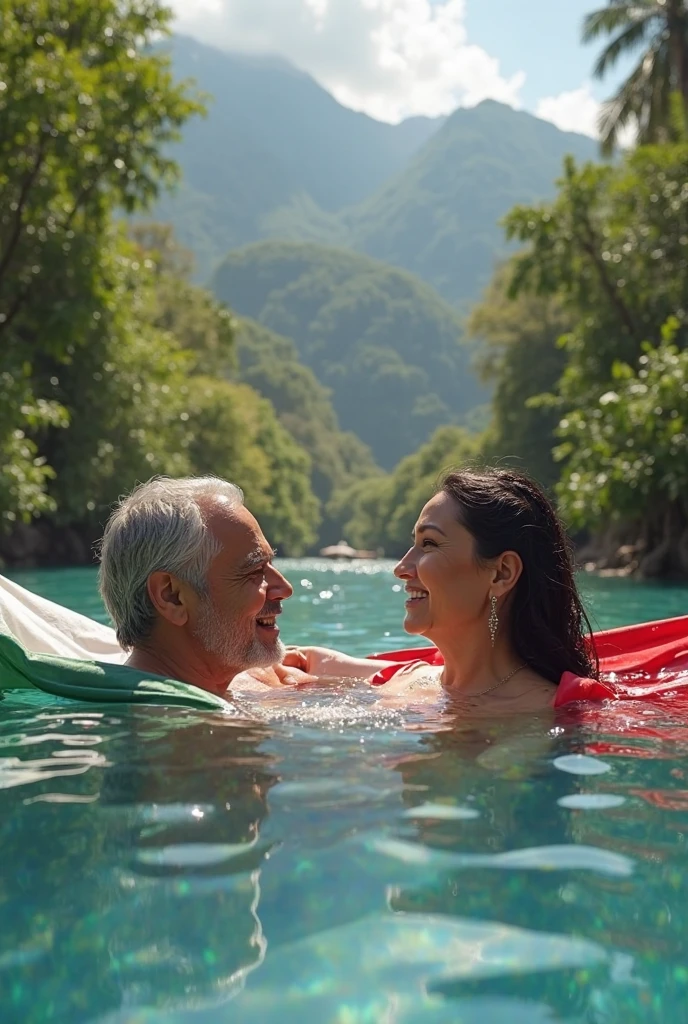 Selfie of a 21-year-old girl with a 58-year-old mature man, They are both in the water in a pool, nadando en la alberca, son novios, se besan, el la besa, selfie nadando