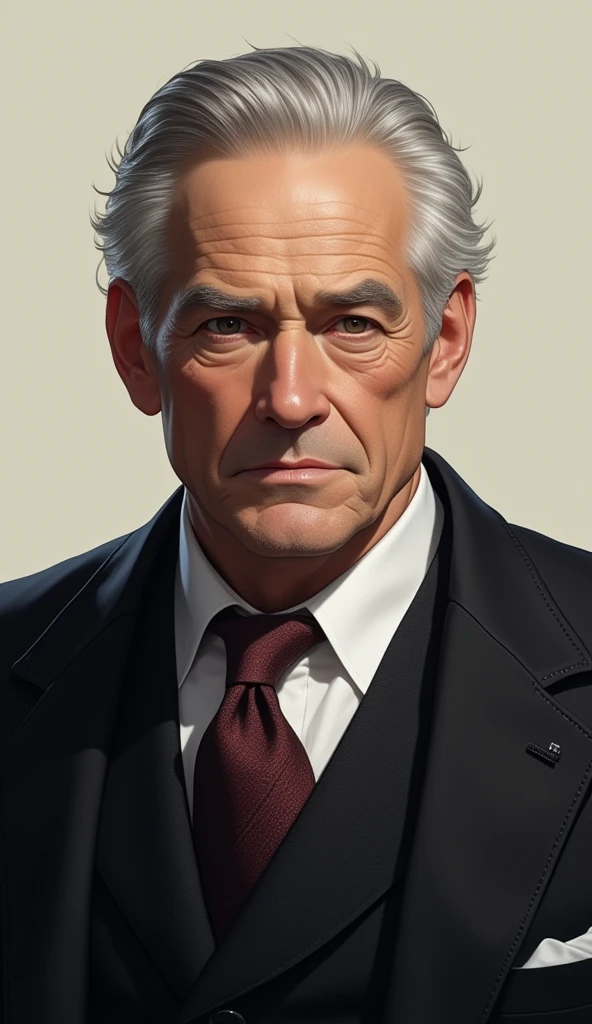 Louis Aenstein is a 65-year-old, gray hair, deep brown eyes, fair and wrinkled skin, Tall tall and sturdy, man generally seen wearing expensive suits and a serious expression.