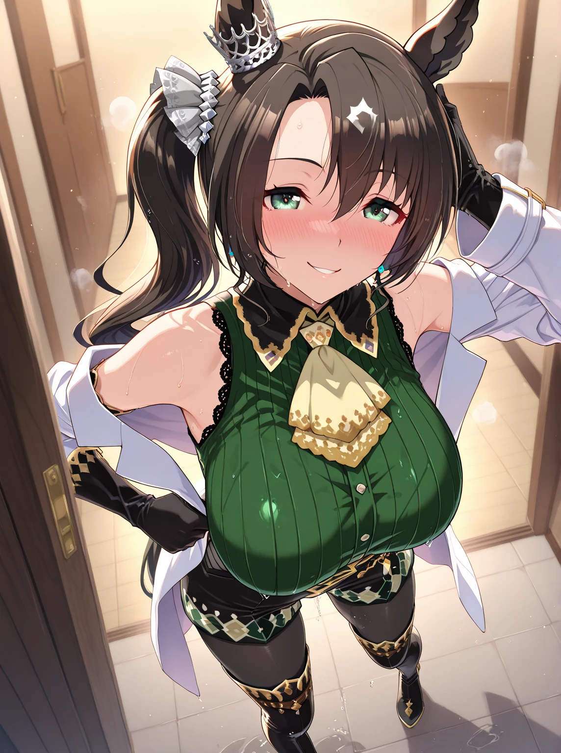 best quality, (masterpiece),(ultra-detailed), (high quality), (high resolution), 1girl, ahoge, black shorts, blush, braid, breasts, brown eyes, brown hair, detached sleeves, drink, frilled sleeves, green background, green bow, green eyes, hair between eyes, hair ornament, heterochromia, holding weapon, looking at viewer, meica, nail polish, ribbon, short sleeves, signature, solo, star hair ornament, virtual youtuber, witch, big breasts, large breasts, (beautiful large breasts:1.4), breasts, H-cup