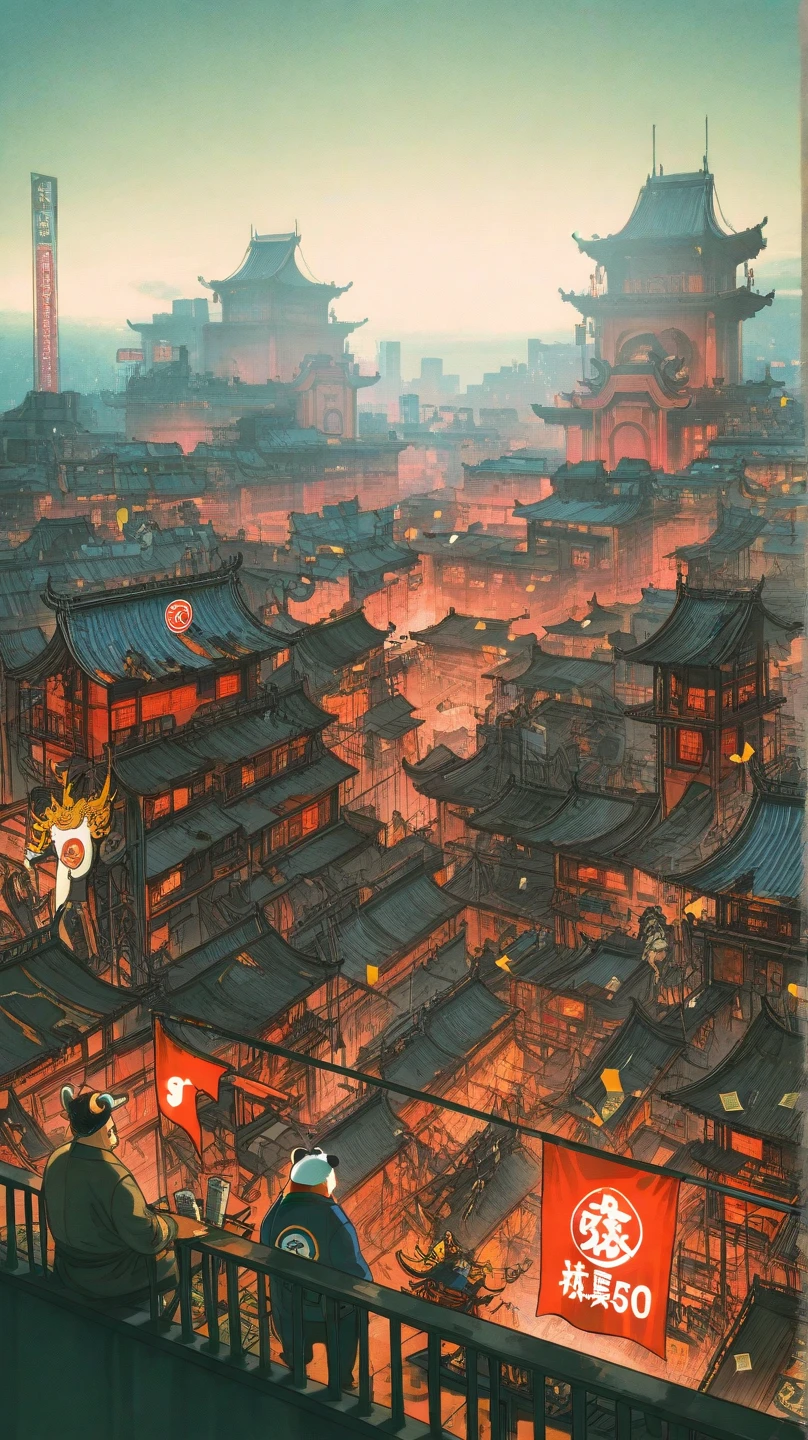 A surreal retro collage depicting the trade war between China and the United States. Mix vintage 1950s and 60s advertisements with iconic elements from both countries (such as Uncle Sam, Chinese dragons, flags, electronics, factories, and money). Create a chaotic, absurd, and symbolic scene: ad characters interact illogically — a 1950s American housewife argues with a communist panda, a rocket with the Apple logo flies toward a moon made of rice, dollar and yuan bills rain from the sky. Use vibrant colors and aged paper textures. The aesthetic should resemble torn and rebelliously reassembled old magazines — a visual protest against capitalism and consumerism.