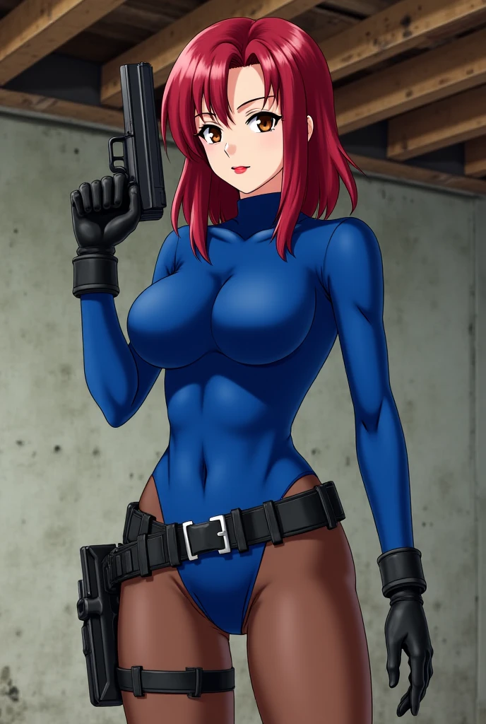 ultra-detailed, Explicit, Beautiful body, Beautiful Nose, Beautiful character design, perfect eyes, perfect face, ultra highres, 4K, beautiful legs, perfect legs, Nice hands, Perfect hand, Masterpiece, Best Quality, Highly detailed, illustration, absurdres, street fighter, doll suit, shadaloo doll, dollsuit, expressionless, blank eyes, looking at viewer, red gloves, emotionless, black latex, corrution, mind control, female combatant, full body, hypnotized, unhappy trance, full body suit, ribbed bodysuit, both arms at side, obey, perfect female body, extremely glossy latex, hypnosis, hypnoLora, empty eyes, Mind control device, poses, submissive_pose, Slave, hat, necktie, stand up straight, standing, standing at attention, hat, necktie, belt, latex, ribbed bodysuit, thighhighs, garter belt, Fighting Stance, extending the right arm from the shoulder into the air with a straightened hand, nazi saluting, military, military saluting, salute, thigh boots, 1girl, Kawasegawa Eiko, bokutachi no , ted hair, amber eyes, long hair