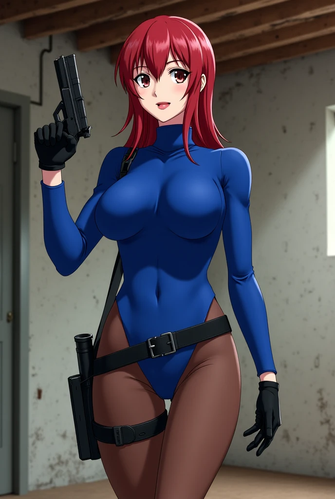 masterpiece, high quality, best quality, 1girl, (muscular female:1.0), (super gigantic breasts:1.0), (closed mouth, half smile), nancylee, blonde hair, hair bun, hair ornament, hair stick, single hair bun, blue eyes, bodysuit, gloves, high heels, holster, cleavage, anime screencap, anime key visual, (fully clothed:1.0), full body <lora:NancyLee:1>