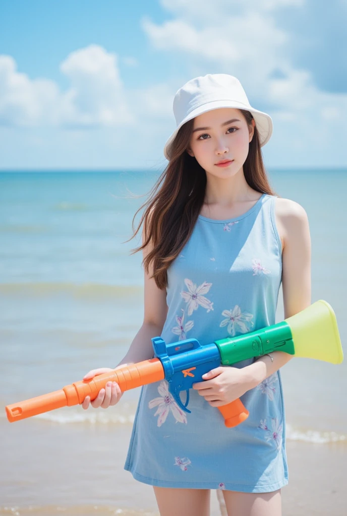 Highest quality、masterpiece、beautiful、detailed、Year: 12、Black hair twin-tailed female elementary school student、Height: 140cm、beach、Pouring sunlight、Dynamic pose、Spraying water with a water gun、Angle from below、smile、Slim figure、Soaking wet、erectile nipples、open vagina、pussy、hyperRealistic