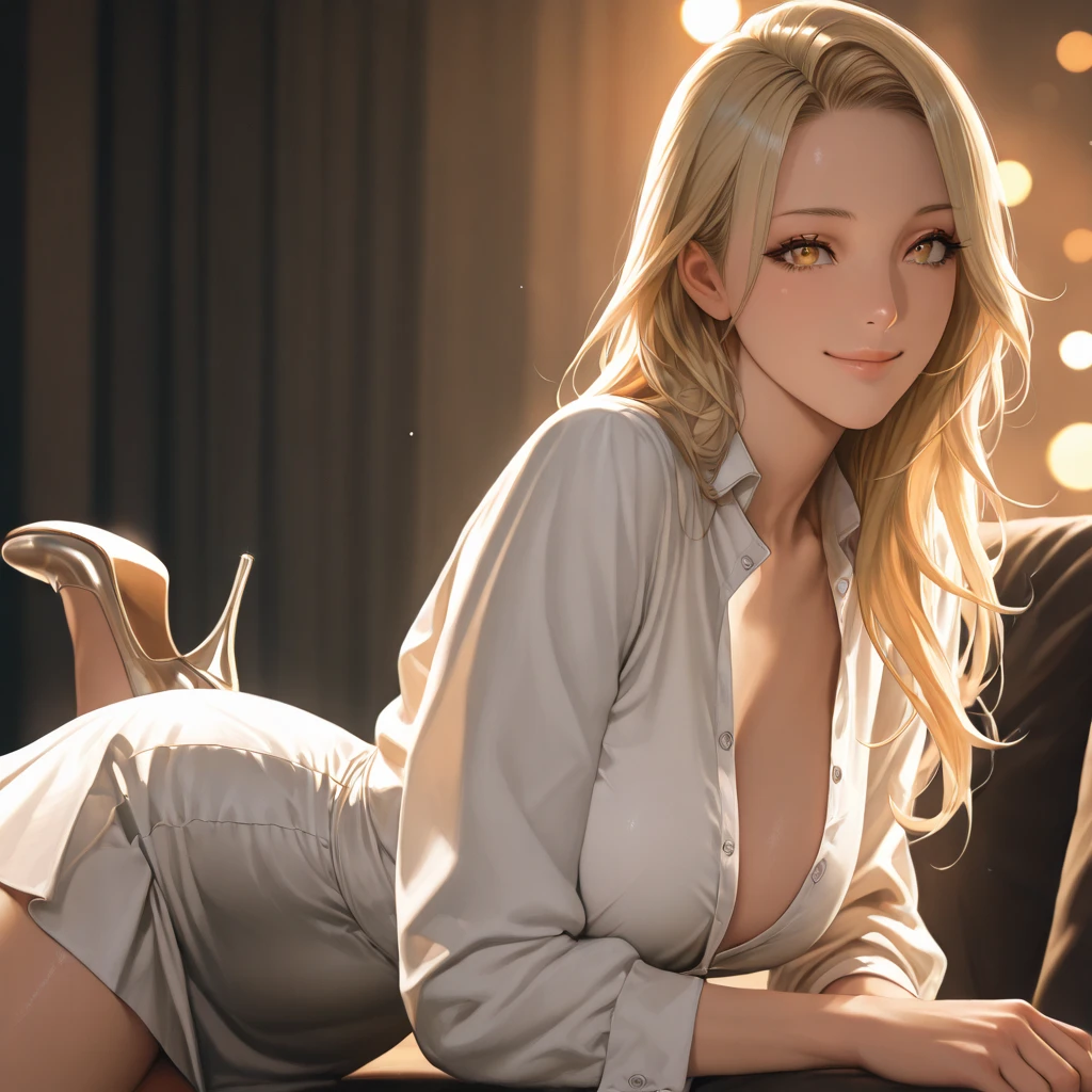 (best quality: 1.2), clean face, (masterpiece: 1.2, 8k) perfect anatomy, 1 girl) a beautiful fashion model ,(masterpiece, official art, best quality shiny hair, blonde hair with streaks in hair, full lips, big breasts, slutty outfit, cleavage, shiny breasts,shiny skin, looking at viewer, (slave dancer outfit), long abdomen, horizontal, lounging, a single girl