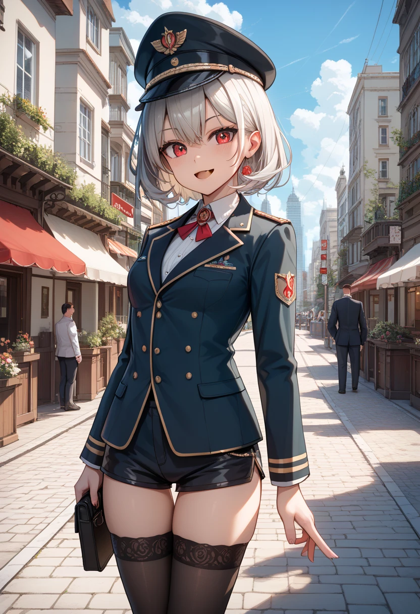 masterpiece, highest quality, high resolution, 1 girl, gray hair, short hair, blue eyes, medium breasts, OL, tie, black suit, leotard, bare legs, put your hands on your hips, outdoor,Idol Master，，anastasia，Knee-high boots，pants suit,fighting pose,)
(masterpiece:1.3),(very detailed:1.3),(High resolution:1.1),highest quality,Super detailed,1 girl,alone,cm \(The ultimate holiday\),hoodie,pants,looking at the viewer,smile,blush,