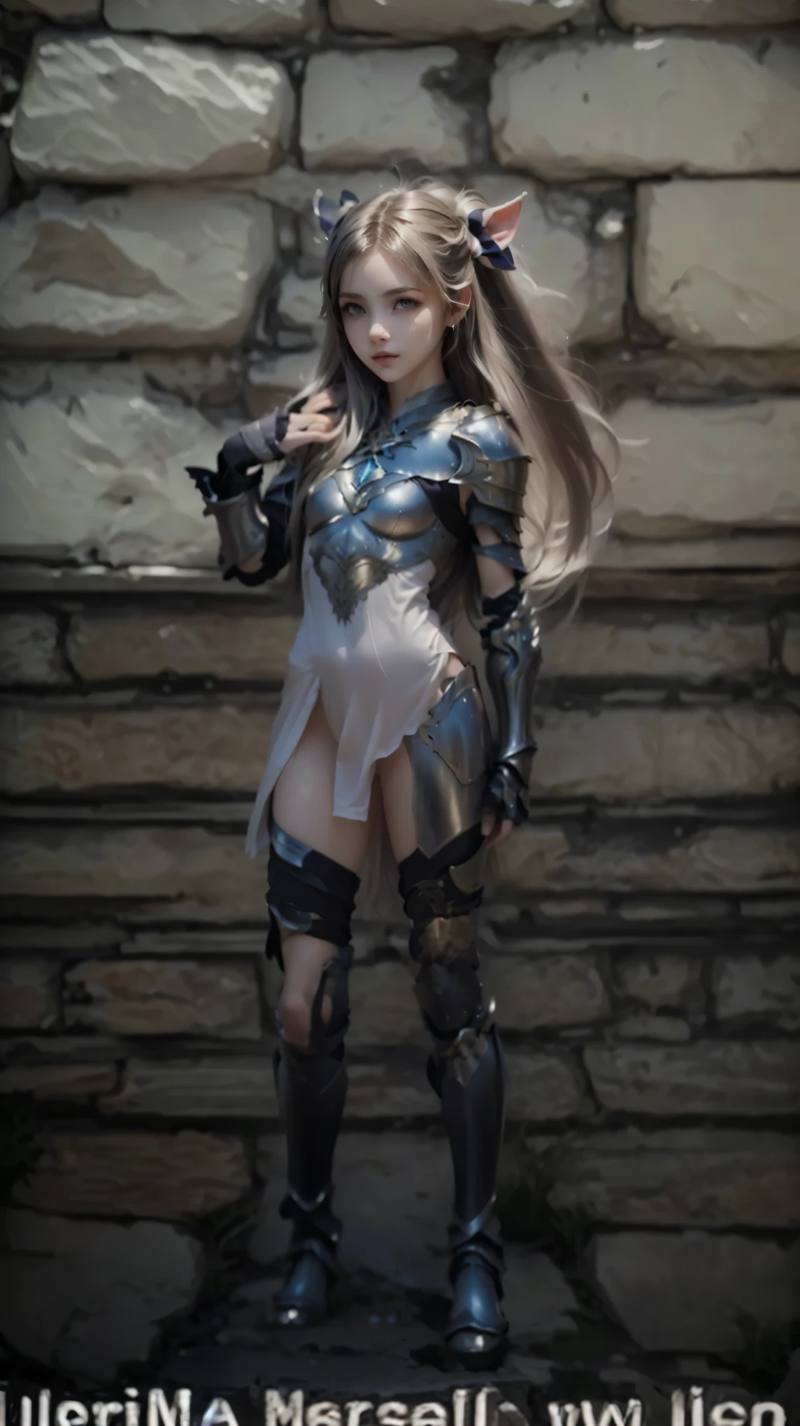 there is a woman in a gray outfit in front of a stone wall, pale black armor, bright white armor,  final fantasy 14 style, Estilo Lineage 2 Revolution, detailed white armor, armor reflected in the silver color of ice, lalafell, with light leather armor, wearing bone armor, inspirado em Bravely Default, girl of armor, silver armor off white , 
([long hair hair]:1.8), (full body:1.8), (upper body up:0.3), (hyper realistic:1.4), (realistic:1.3), (best quality real texture skin), Detailed eyes, detailed face, PERSEPHONE, hyperrealistic, LESS saggy breasts, (SMALL BREASTS:1.5), (HUGE LEGS:1.5), (LESS THIGHS:1.5), perfect legs, perfect legs, pernas added, pernas added e perfeitas, shapely legs, shapely thigs, pernas added, coxas lisas. (erotic pose:1.5), (thick eyebrows:1.2), (Big purple eyes:1.2), (ultra detailed eyes:1.4), (high resolution eyes:1.1), (ultra detailed skin texture:1.4), (Beautiful toned body:1.1), hair bow, ( moist skin:1.1), (sexy face:1.5), Belle