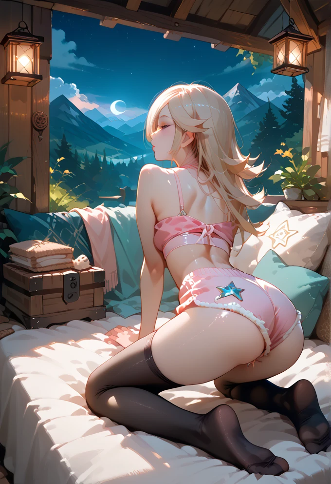 top-quality、Top image quality、masterpiece、Girl in full body underwear seen from behind((24 year old、Best Hip、big bast、Beautiful ass、Butt zoom up、Beautiful back、Beautiful blue eyes、,Blonde long hair、A slender、a closeup、Esbian、Gentle light、beautiful tiara、hiquality、Beautiful Art、Background with((starrysky)))masutepiece、visualart、depth of fields、、low angles、、Elven ears、、light magic、kosmos、、🎵、Happy smile、Gentle light、magical lights、、Beautiful skins、beutiful breast、beautiful foot、welcome、、accurate fingers、Exact finger count、nffsw,beautiful nightgowns、Beautiful decorated panties、A sexy、Mystical floating、erotick orgasmic、A sexy、flower field beautifully decorated bed、Nirvana Pose、directly in front、